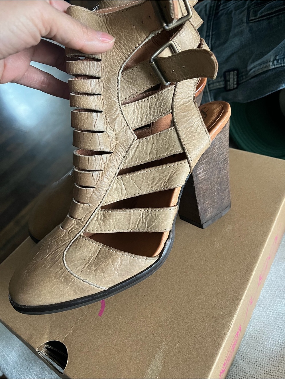 Free People Tan Strappy Cutout Block Heel Sandal